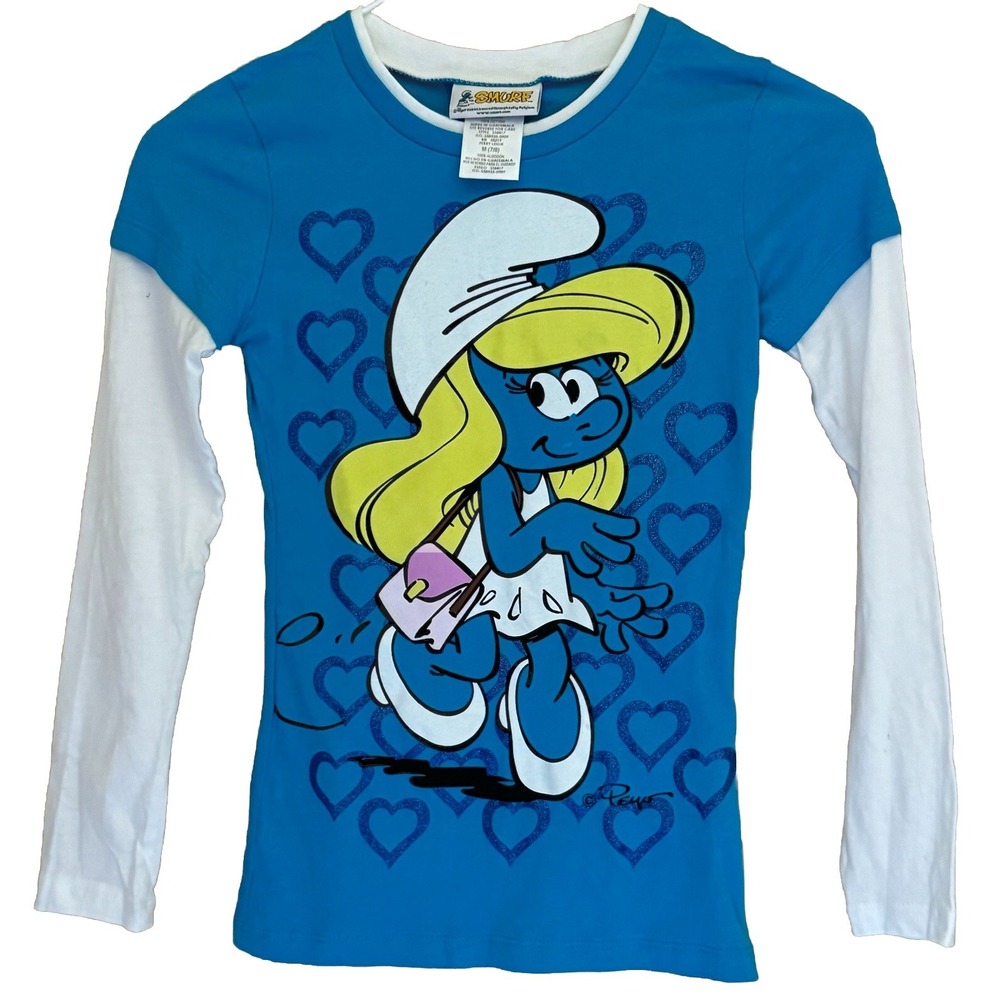 The Smurfs Smurfette T-Shirt Girl's M (7/8) Blue & White Long Sleeve RETRO/Y2K